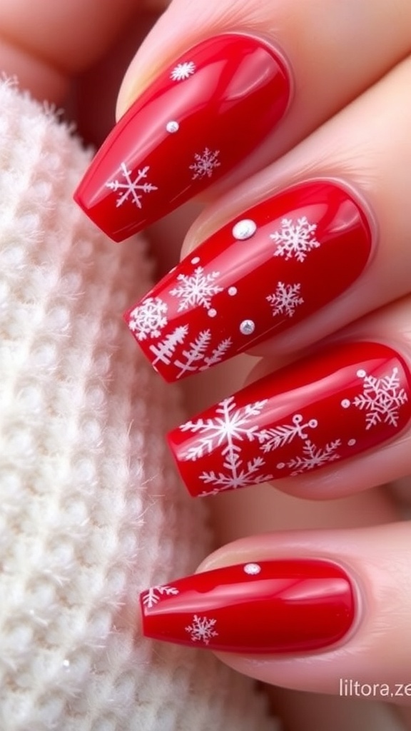 Close-up of red acrylic Christmas nails with snowflake designs.